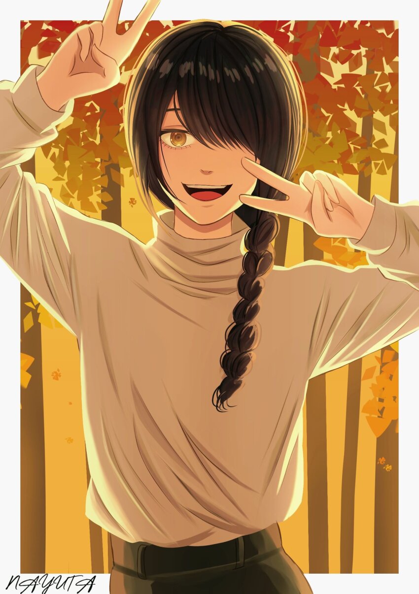 1girl, arms_up, black_hair, black_pants, braid, chainsaw_man, hair_over_one_eye, highres