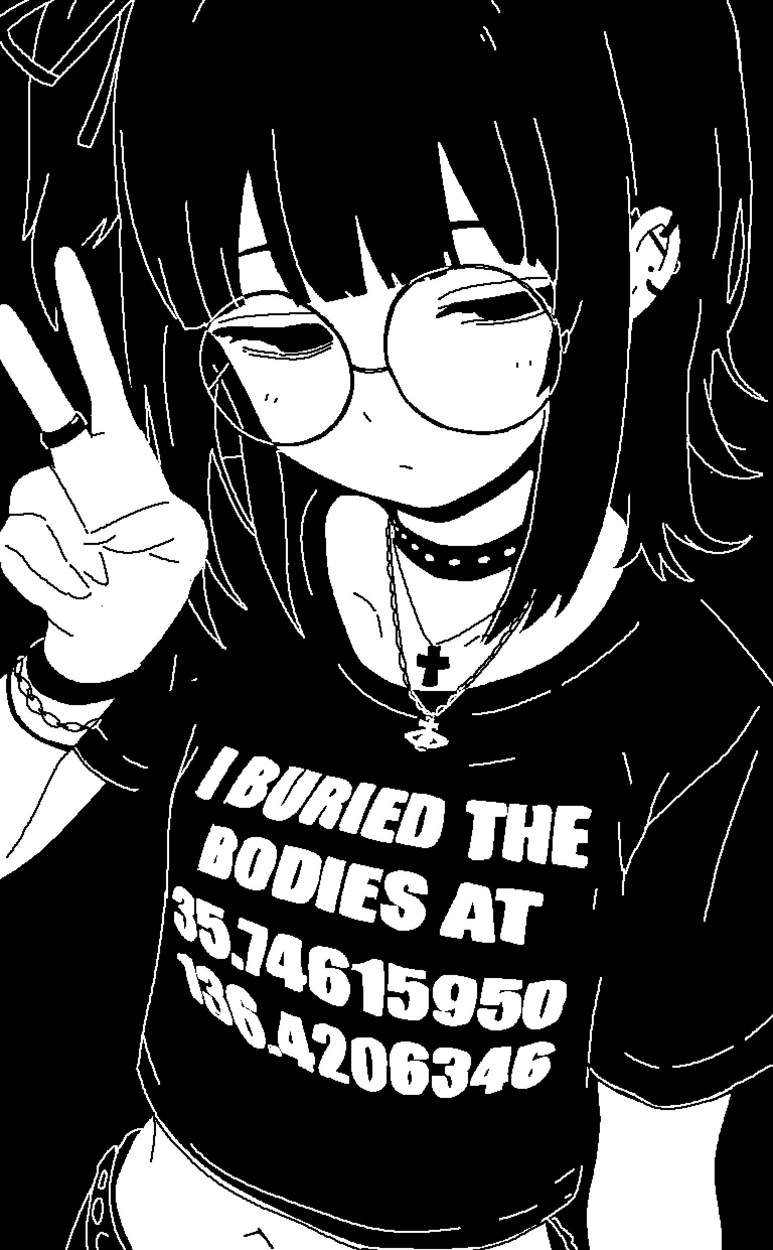 1girl, absurdres, bags_under_eyes, belt, black_background, bow, bracelet, choker, clothes_writing, collarbone, coordinates, crop_top, cropped_shirt, cross, cross_necklace, earclip, earrings, english_text, fingernails, glasses, hair_bow, highres, jewelry, long_hair, looking_at_viewer, monochrome, multiple_bracelets, multiple_earrings, navel, necklace, original, punk, puriririririri, ring, round_eyewear, shirt, side_ponytail, sidelocks, solo, studded_belt, studded_choker, t-shirt, v