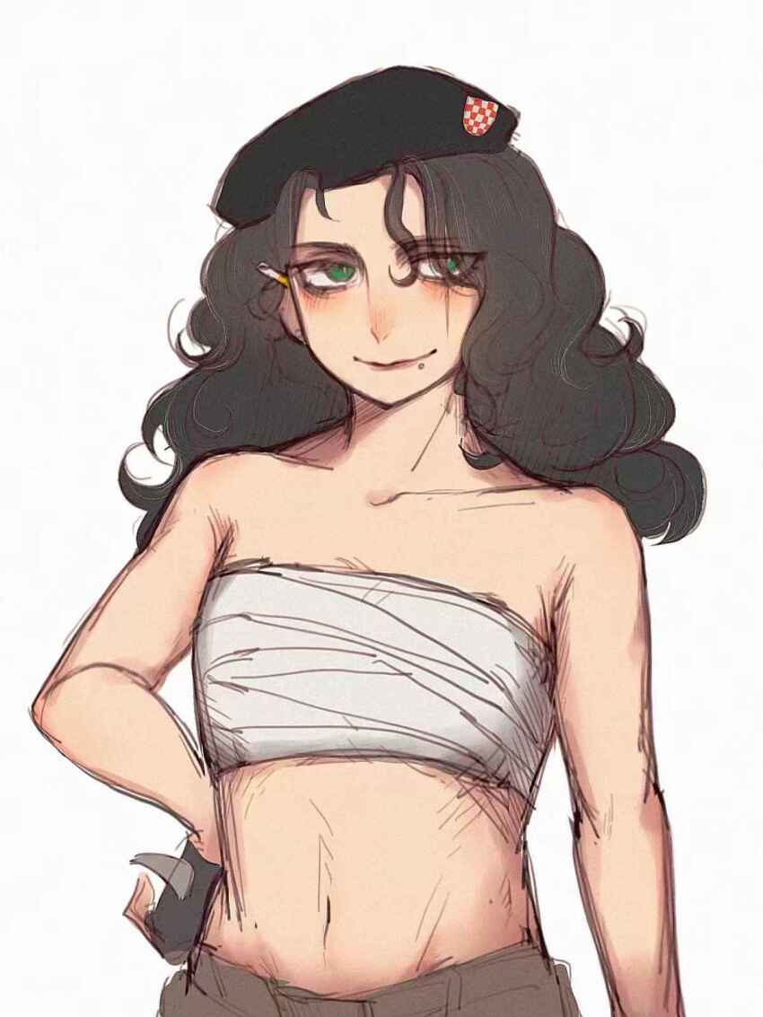 anica_domazet, beret, black_hair, bosnia_and_herzegovina, brown_pants, chen_feng_(slbdofcl), chest_binder, cigarette