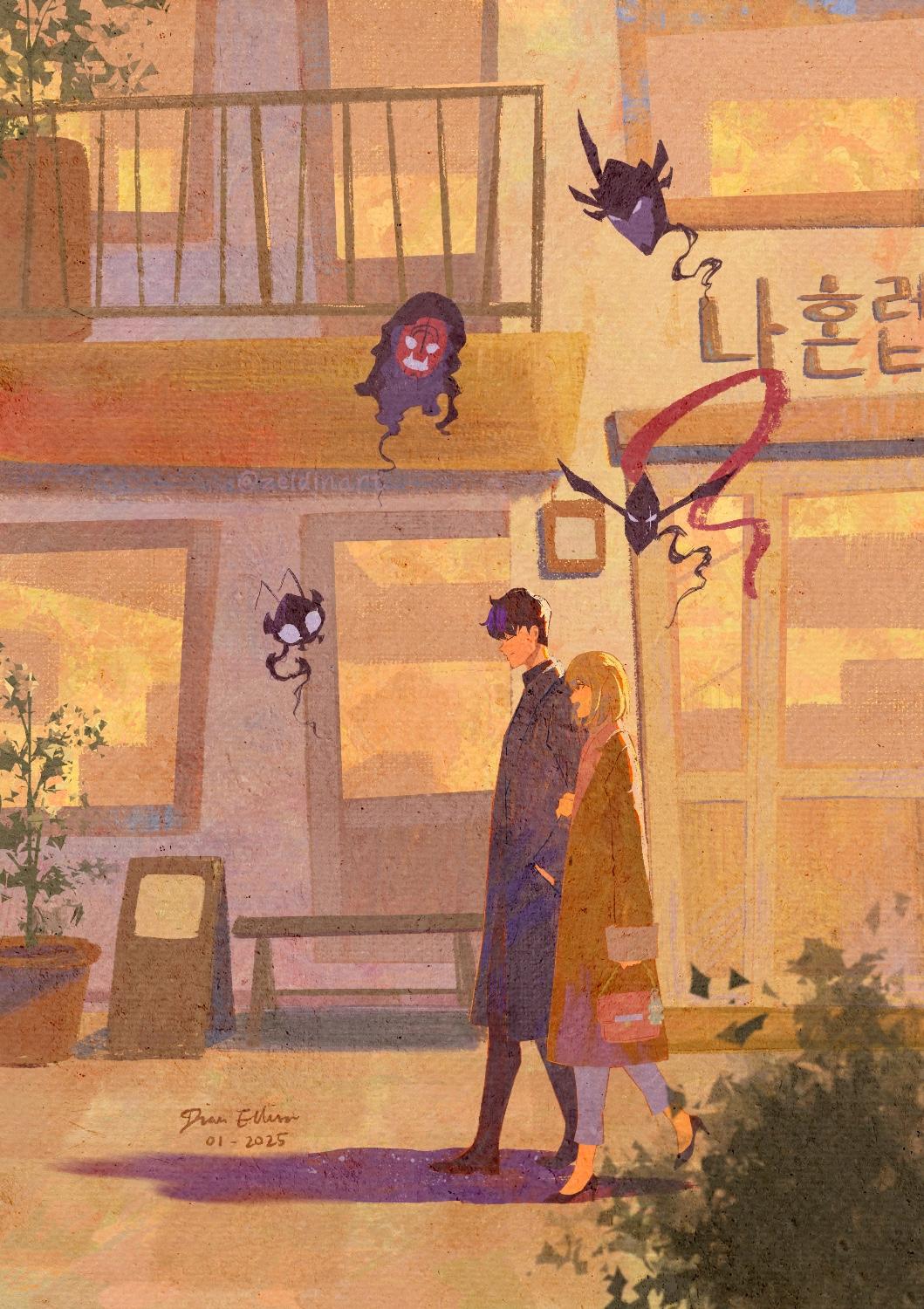 1boy, 1girl, balcony, bellion_(solo_leveling), bench, beru_(solo_leveling), black_hair, blonde_hair, bush, cha_hae-in, closed_eyes, coat, dated, disembodied_head, from_side, full_body, fur-trimmed_coat, fur_trim, high_heels, highres, igris_(solo_leveling), looking_ahead, open_mouth, painting_(medium), plant, potted_plant, shadow, signature, smile, solo_leveling, stiletto_heels, sung_jin-woo, traditional_media, tusk_(solo_leveling), zeldin