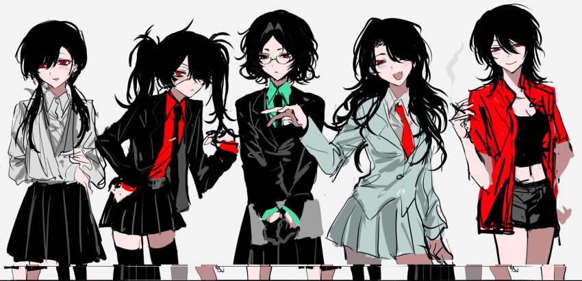 5girls, aomi_(ooe), ariake_(ooe), arm_sling, black_gloves, black_hair, black_necktie, black_shirt