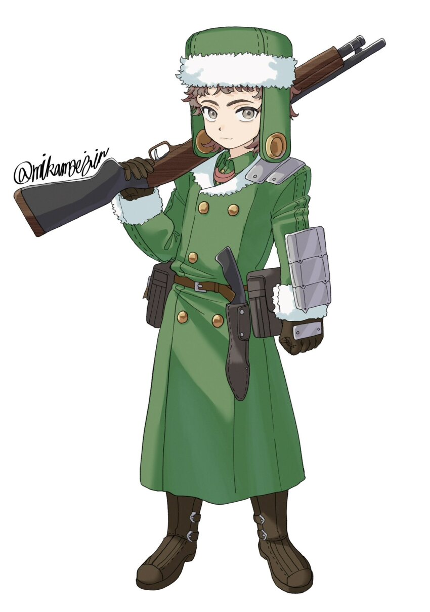 1boy, belt_pouch, brown_gloves, brown_hair, buttons, coat, curly_hair, double-breasted