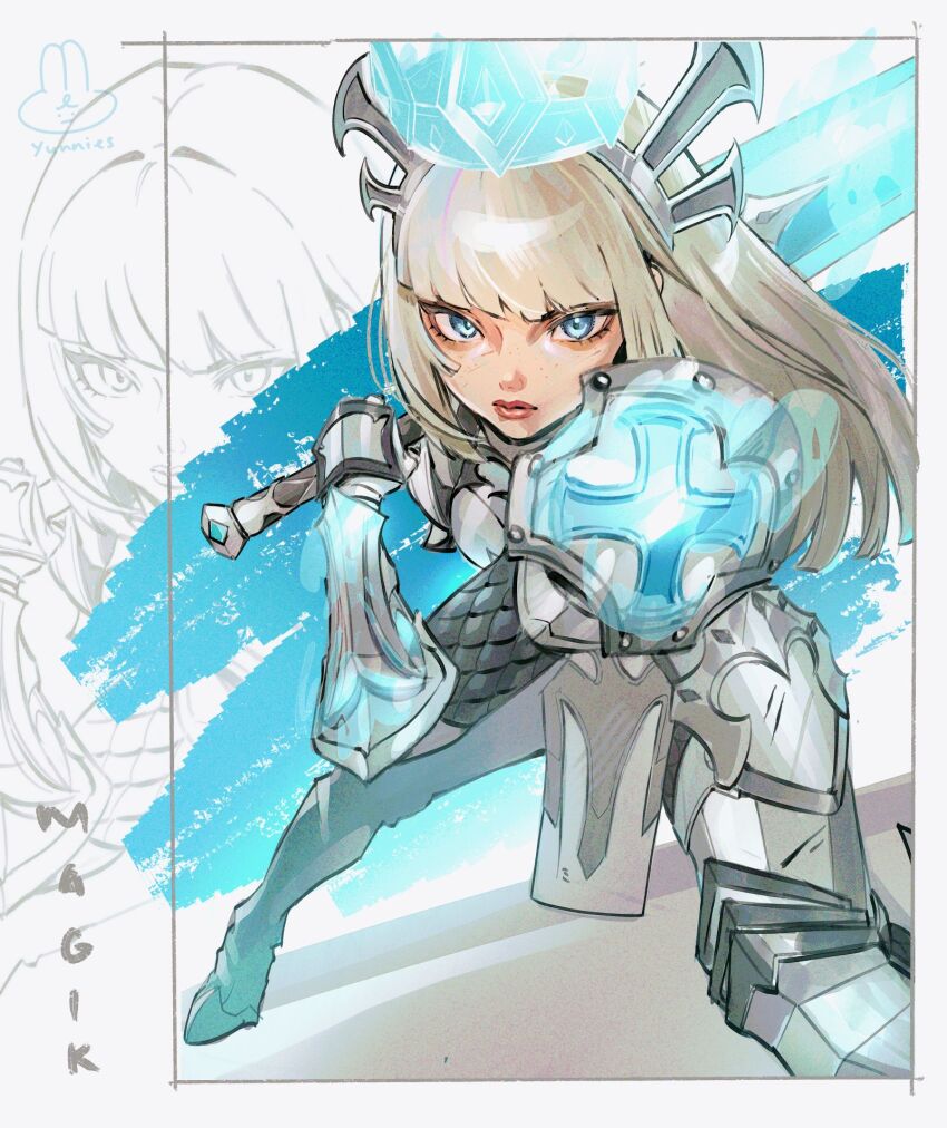 1girl, armor, blonde_hair, blue_eyes, commentary, cross, crown, english_commentary, gauntlets, greaves, highres, hime_cut, holding, holding_sword, holding_weapon, long_hair, looking_at_viewer, magik_(eldritch_armor)_(x-men), magik_(x-men), marvel, marvel_rivals, shoulder_armor, solo, sword, weapon, x-men, yunny_(cureyunny)