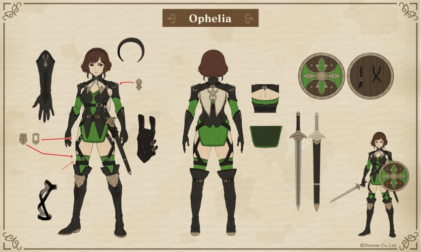 1girl, black_footwear, black_gloves, blue_eyes, boots, breasts, brown_hair, capelet, cleavage, concept_art, copyright_notice, gloves, hairband, holding, holding_shield, holding_sword, holding_weapon, medium_breasts, medium_hair, ophelia_(wizardry), promotional_art, scabbard, sheath, shield, sword, weapon, wizardry, wizardry_variants_daphne