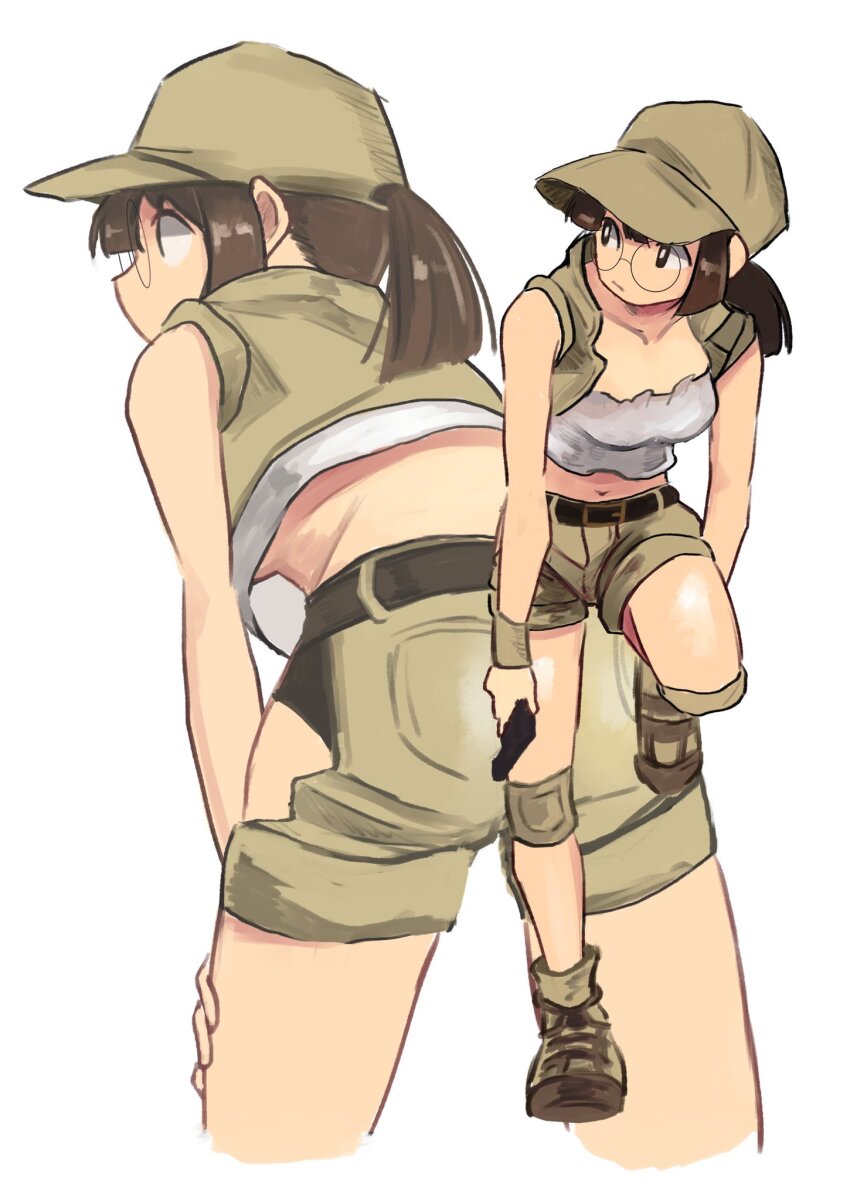 1girl, ass, baseball_cap, belt, belt_buckle, black_panties, blunt_bangs, blunt_sidelocks, boots, breasts, brown_belt, brown_hair, buckle, combat_boots, fio_germi, glasses, gun, handgun, hat, highres, holding, holding_gun, holding_weapon, knee_pads, long_hair, looking_to_the_side, metal_slug, midriff, navel, panties, ponytail, short_shorts, shorts, sidelocks, sleeveless, sleeveless_jacket, tikuwabu_33, underboob, underwear, weapon