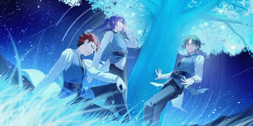 3boys, alternate_costume, arm_up, belt, black_pants, blue_belt, blue_vest, blurry, blurry_foreground, dreonya, ensemble_stars!, eyewear_on_head, grass, green_hair, hair_between_eyes, hair_slicked_back, hand_in_own_hair, hand_on_leg, hasumi_keito, highres, kanzaki_souma, kiryu_kuro, long_hair, long_sleeves, looking_at_viewer, multiple_boys, night, open_mouth, pants, parted_bangs, ponytail, purple_eyes, purple_hair, red_hair, ribbon, shirt, shooting_star, short_hair, sky, smile, star_(sky), tree, vest, white_ribbon, white_shirt, yellow_eyes