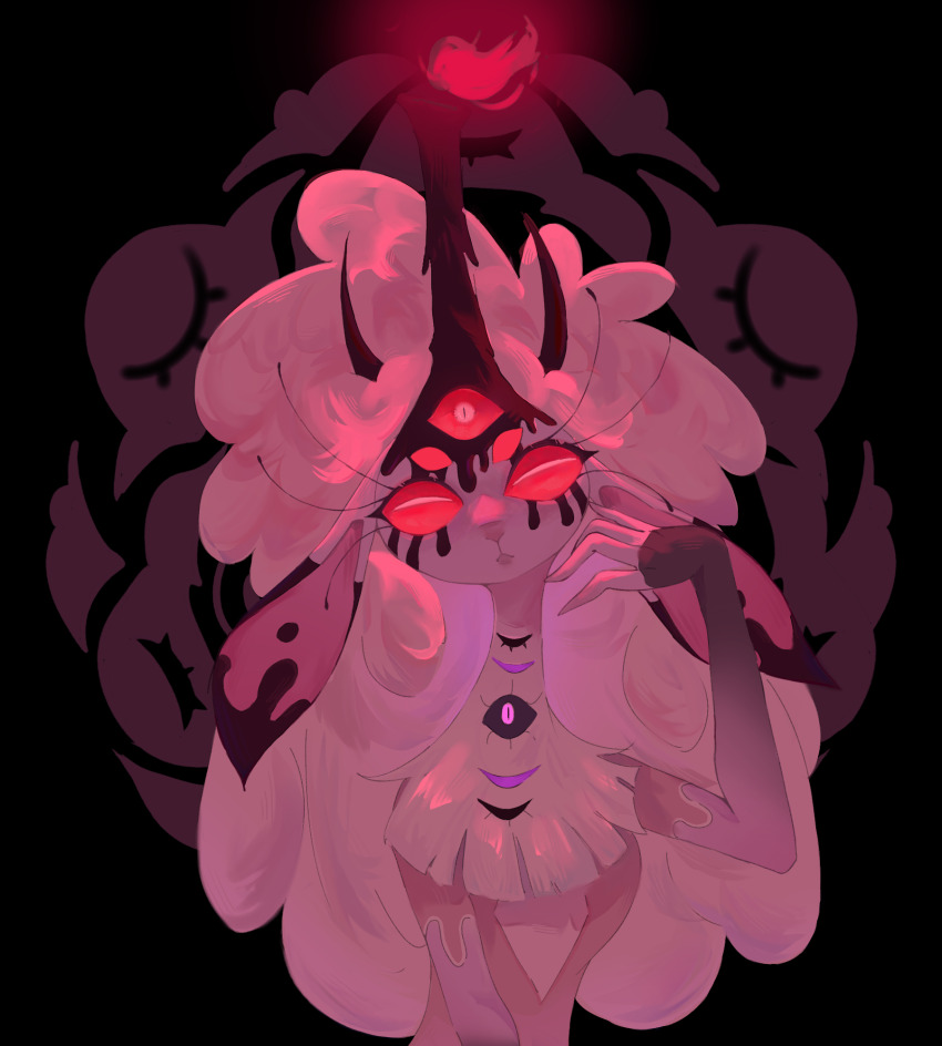 1girl, 3470180339, belphegor_(helluva_boss), demon_girl, demon_horns, dress, extra_eyes, furry, furry_female, hellaverse, helluva_boss, highres, horns, pink_dress, sheep_girl, solo, wool
