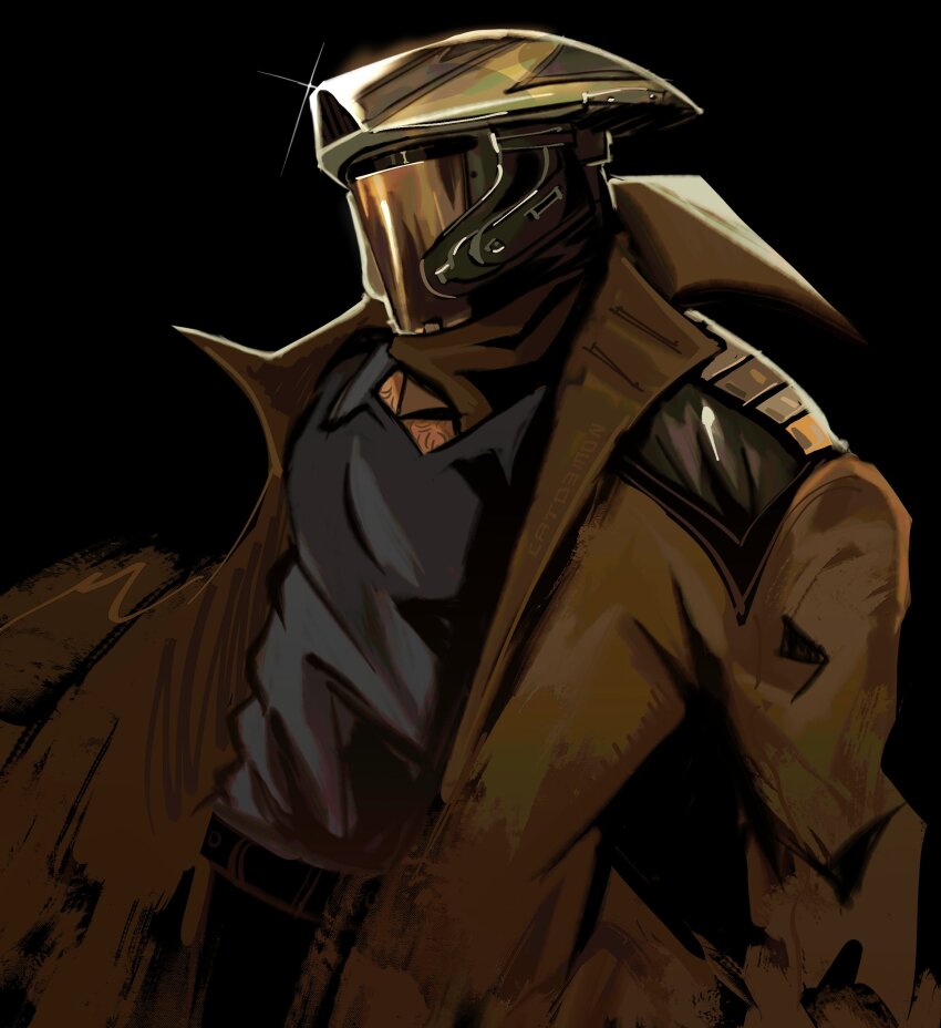 1boy, absurdres, artist_name, black_background, blue_shirt, brown_coat, catd3mon, chest_hair, coat, collared_shirt, commentary, cowboy_shot, english_commentary, glint, helmet, highres, jod_na_nawood, long_sleeves, male_focus, open_clothes, open_coat, open_collar, shirt, simple_background, solo, standing, star_wars, star_wars:_skeleton_crew, wing_collar