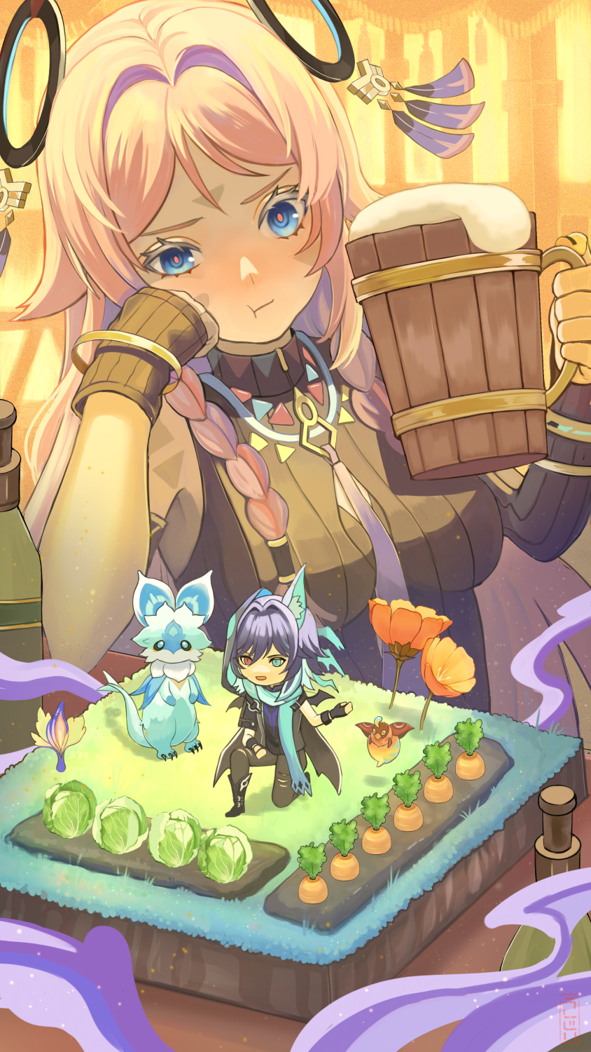 1boy, 1girl, alcohol, animal_ears, arm_markings, bare_shoulders, bat_ears, beer