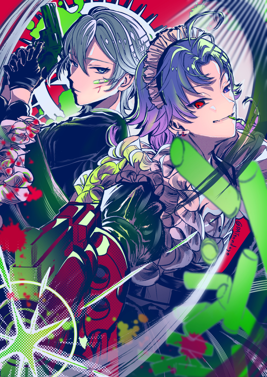 18trip, 2boys, antenna_hair, arm_up, bandaid, black_gloves, black_jacket, blood