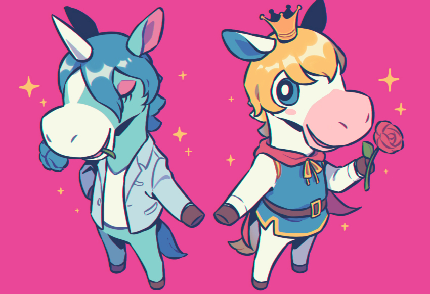2boys, animal_crossing, animal_ears, belt, blonde_hair, blue_flower, blue_fur, blue_hair