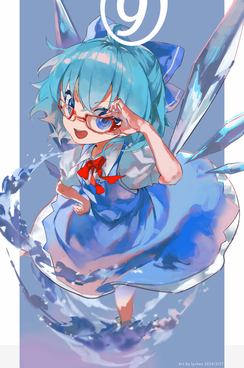 1girl, absurdres, adjusting_eyewear, ahoge, artist_name, blue_background, blue_bow, blue_dress, blue_eyes, blue_hair, border, bow, chromatic_aberration, circle_skirt, circled_9, cirno, collared_shirt, commentary, dated, dress, from_above, glasses, gradient_background, hair_bow, hand_on_own_hip, highres, ice, ice_wings, lizhi004717, open_mouth, pinafore_dress, puffy_short_sleeves, puffy_sleeves, red-framed_eyewear, red_ribbon, ribbon, shirt, short_hair, short_sleeves, sleeveless, sleeveless_dress, smile, solo, untranslatable_commentary, teeth, touhou, upper_teeth_only, v-shaped_eyebrows, water, white_border, white_shirt, wings