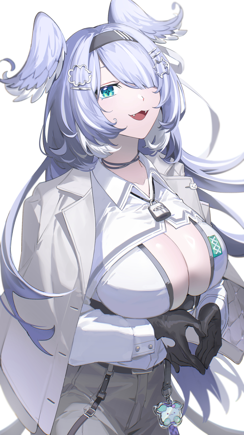 1girl, :3, aqua_eyes, black_gloves, black_hairband, blue_hair, breasts, cleavage