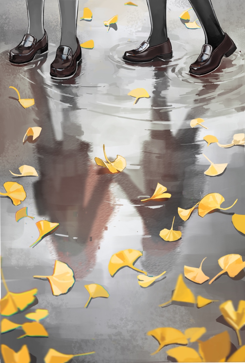 2girls, absurdres, alternate_costume, black_jacket, black_socks, commentary_request, ginkgo_leaf, grey_skirt, grey_socks, highres, holding_hands, hong_meiling, izayoi_sakuya, jacket, leaf, lizhi004717, loafers, long_hair, long_sleeves, multiple_girls, orange_hair, pleated_skirt, puddle, red_scarf, reflection, reflective_liquid, ripples, scarf, shoes, short_hair, skirt, socks, touhou, very_long_hair, yuri