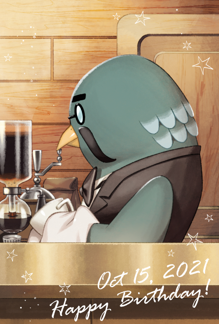 1boy, animal_crossing, bird, bird_boy, black-framed_eyewear, black_bow, black_bowtie, black_vest