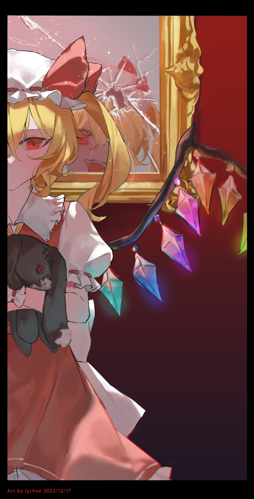 1girl, absurdres, artist_name, back_bow, black_border, blonde_hair, border, bow