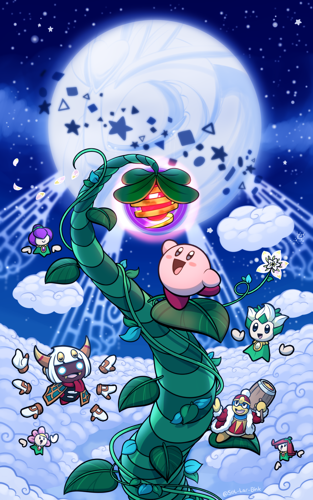 cape, dreamstalk, fangs, flower, full_moon, green_cape, highres, horns