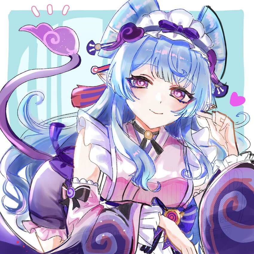 1girl, arm_under_breasts, black_choker, blue_hair, breasts, choker, closed_mouth, commentary_request, detached_sleeves, frilled_hairband, frilled_kimono, frilled_sleeves, frills, genshin_impact, gunocha, hairband, hand_up, heart, highres, japanese_clothes, kimono, leaning_forward, long_hair, long_sleeves, looking_at_viewer, medium_breasts, nihongami, pink_kimono, pointy_ears, purple_eyes, solo, tail, very_long_hair, watermark, white_hairband, wide_sleeves, yumemizuki_mizuki