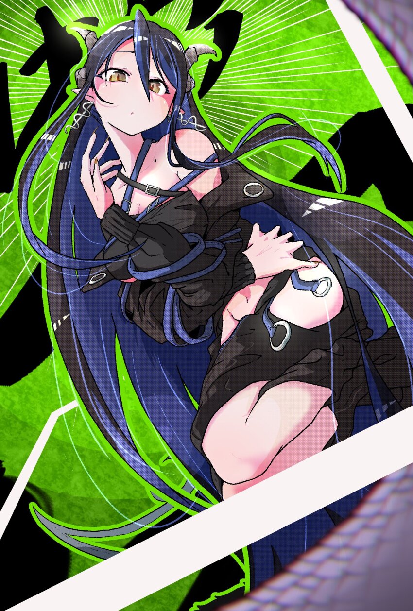 1girl, bandeau, bane_mk-2, belt, black_bandeau, black_belt, black_hair, black_jacket