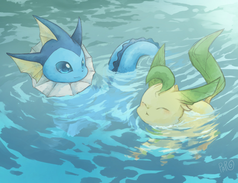 blue_eyes, closed_eyes, commentary_request, gen_1_pokemon, gen_4_pokemon, leafeon, looking_at_another, nintendo, no_humans, paro_(sorageshiki), partially_submerged, pokemon, pokemon_(creature), smile, swimming, vaporeon, water