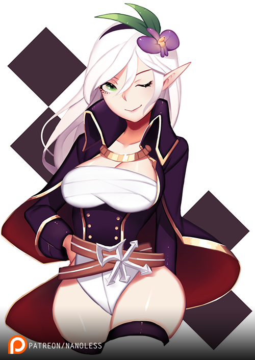 1girl, black_coat, black_hairband, breasts, buttons, chest_sarashi, cleavage, closed_mouth, coat, commentary, commission, cowboy_shot, double-breasted, english_commentary, flower, green_eyes, hair_between_eyes, hair_flower, hair_ornament, hairband, large_breasts, leaf_hair_ornament, leotard, leotard_under_clothes, long_bangs, long_hair, long_sleeves, looking_at_viewer, nanoless, one_eye_closed, patreon_logo, patreon_username, pointy_ears, purple_flower, ragnarok_online, rebellion_(ragnarok_online), sarashi, shiny_skin, smile, solo, thighhighs, white_background, white_hair, white_leotard, white_thighhighs