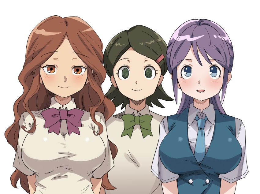 3girls, blue_eyes, blue_necktie, blue_vest, blush, bow, bowtie, breast_envy