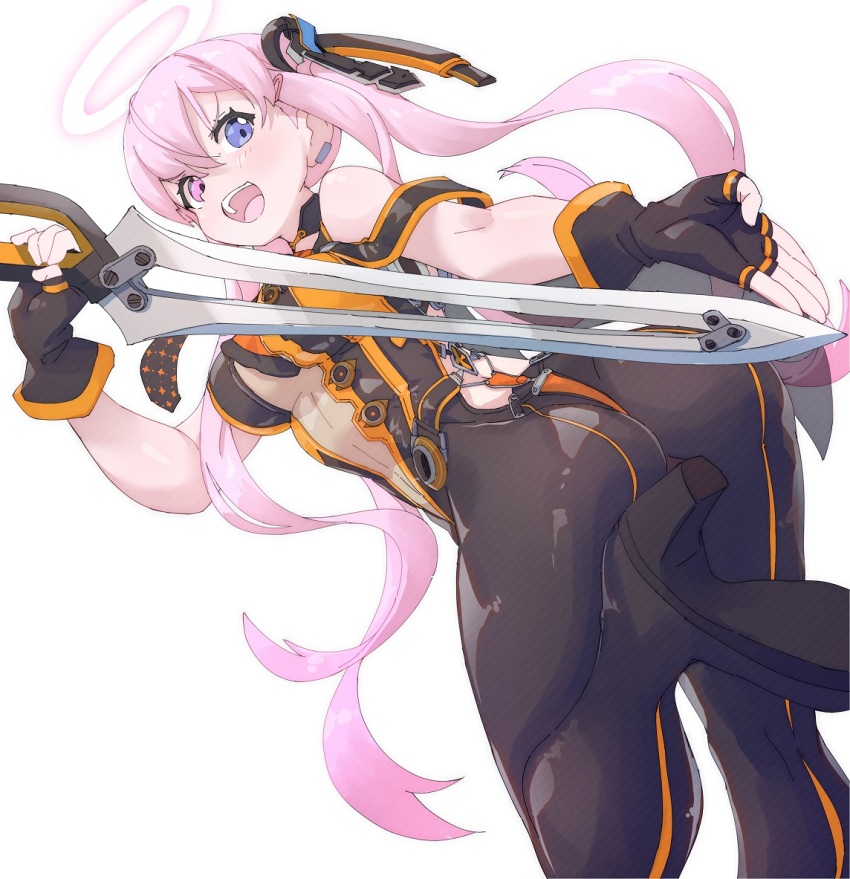 1girl, ass, bare_shoulders, black_gloves, black_necktie, bodysuit, breasts, commentary