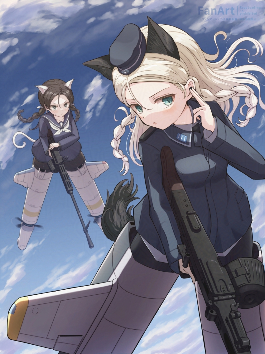 2girls, adversarial_noise, animal_ears, black_footwear, blonde_hair, blue_eyes, blue_one-piece_swimsuit, blue_sky