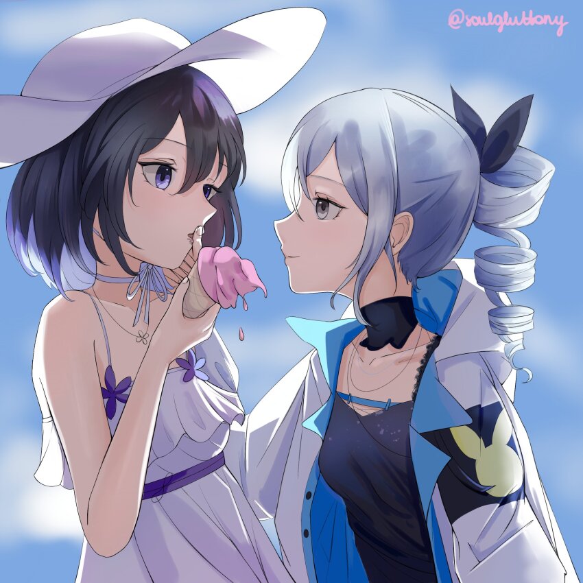 2girls, artist_name, bare_shoulders, black_hair, black_shirt, blue_eyes, blue_sky, bronya_zaychik, choker, colored_inner_hair, commentary, dress, drill_hair, drill_ponytail, english_commentary, food, frilled_dress, frills, from_side, grey_eyes, grey_hair, hat, highres, holding, holding_food, holding_ice_cream, holding_ice_cream_cone, honkai_(series), honkai_impact_3rd, ice_cream, ice_cream_cone, jacket, long_hair, multicolored_hair, multiple_girls, official_alternate_costume, ponytail, seele_vollerei, shirt, short_hair, single_drill, sky, sleeveless, sleeveless_dress, soulgluttony, sun_hat, white_choker, white_dress, white_hat, white_jacket, wiping_mouth