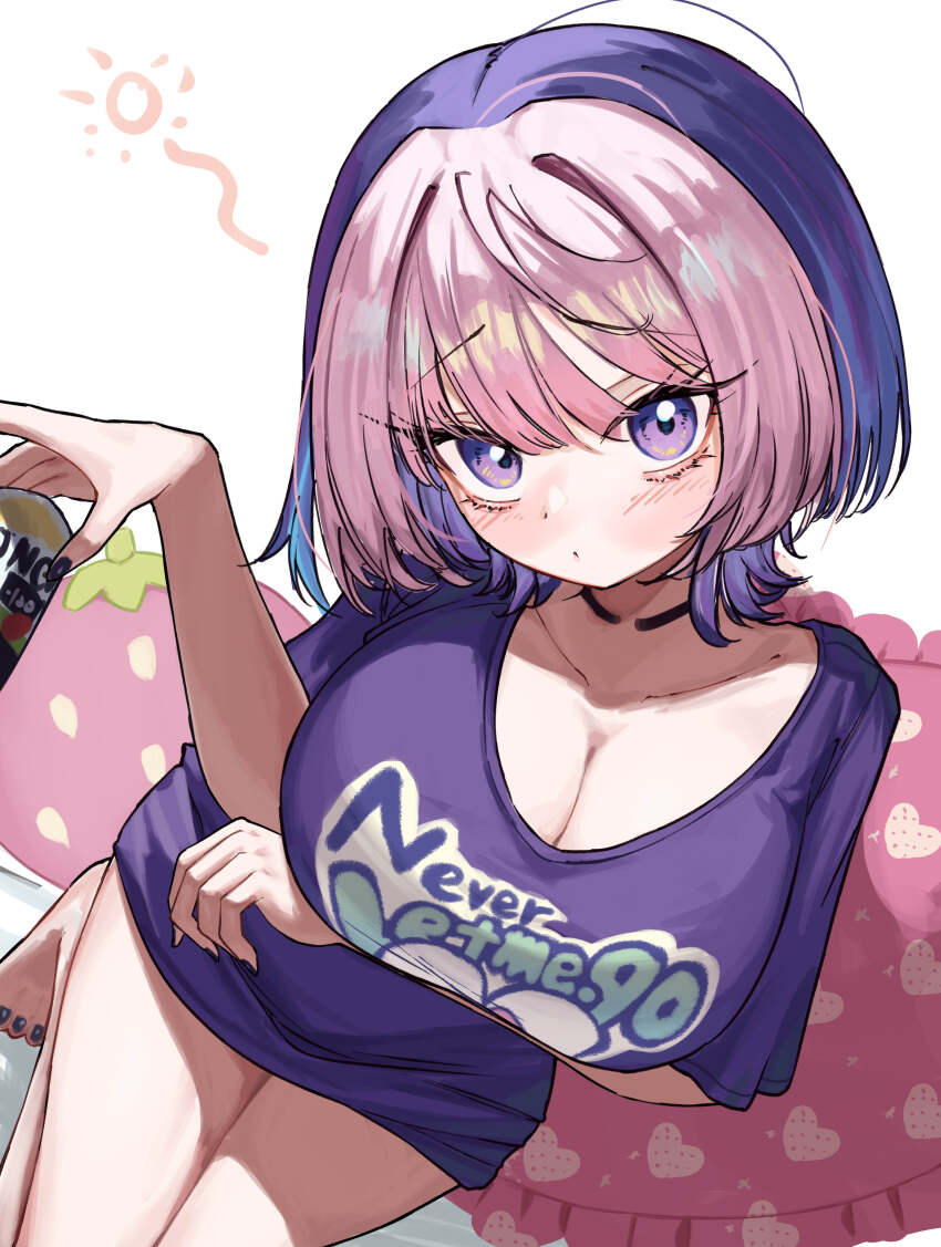 1girl, absurdres, arm_under_breasts, barefoot, black_choker, blush, breasts, can