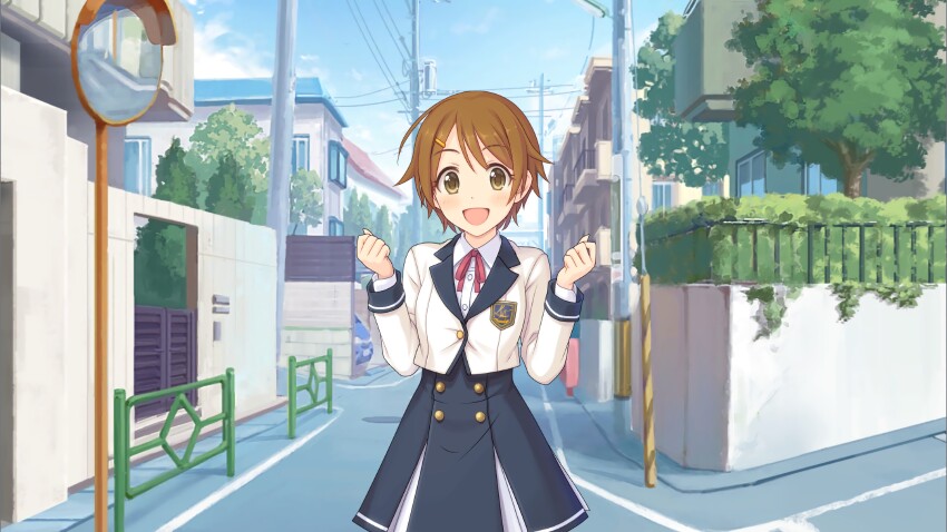 1girl, absurdres, brown_eyes, brown_hair, hair_ornament, highres, hiyori_(princess_connect!), hiyori_(real)_(princess_connect!), official_art, open_mouth, outdoors, princess_connect!, ribbon, school_uniform, seito_school_private_high_school_uniform, skirt, solo, standing, third-party_source