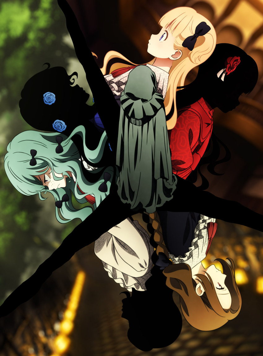 6+girls, artist_request, back-to-back, barbara_(shadows_house), barbie_(shadows_house), black_bow, blonde_hair, blue_dress