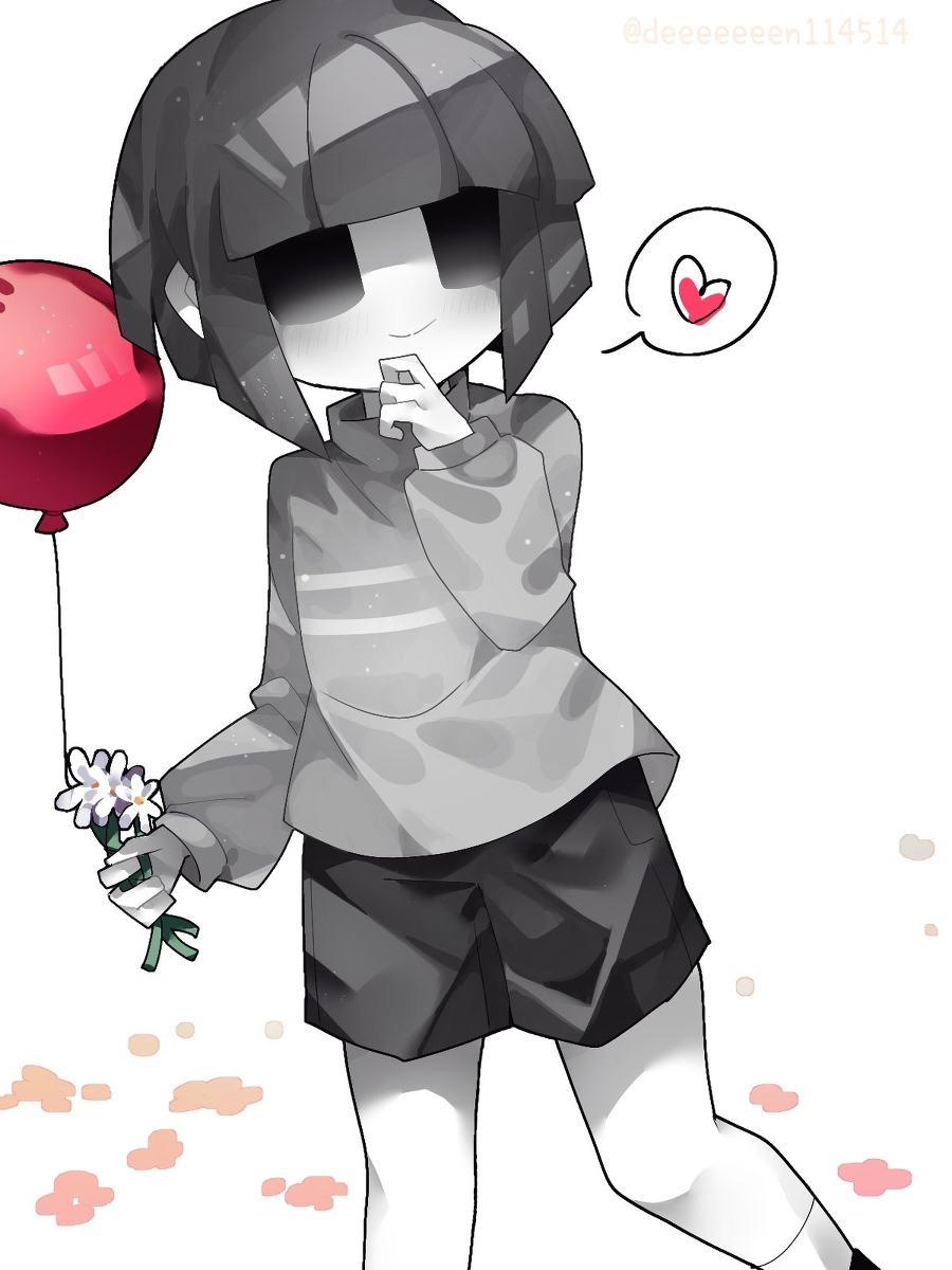 alternate_universe, ambiguous_gender, balloon, black_eyes, black_shorts, blush, bob_cut, core_frisk, deeeeeeen114514, flower, frisk_(undertale), grey_hair, grey_shirt, heart, highres, long_sleeves, shirt, shorts, smile, socks, solo, speech_bubble, striped_clothes, striped_shirt, sweater, undertale, utdr_(toby_fox), white_background, white_flower