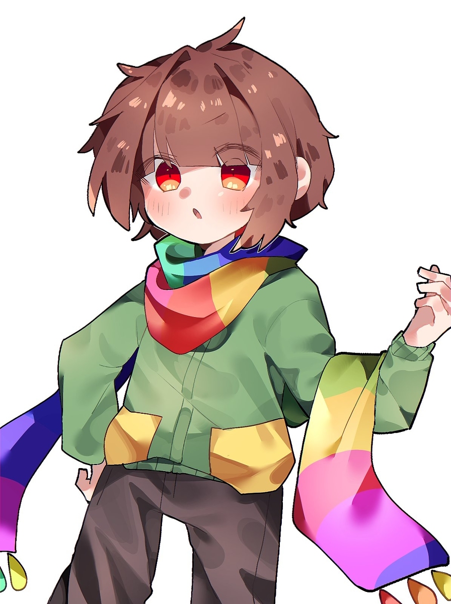 alternate_universe, ambiguous_gender, black_pants, blush, brown_hair, chara_(storyswap), chara_(undertale), deeeeeeen114514, green_jacket, hand_on_own_hip, highres, jacket, long_sleeves, pants, rainbow_scarf, red_eyes, scarf, short_hair, solo, storyswap, undertale, utdr_(toby_fox), white_background