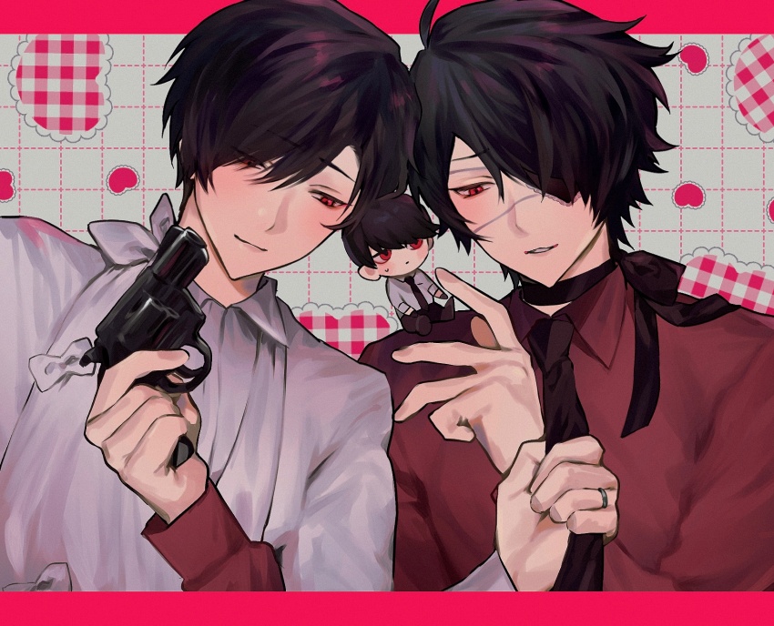 3boys, ariake_(ooe), arm_sling, black_hair, black_necktie, blush, border, closed_mouth