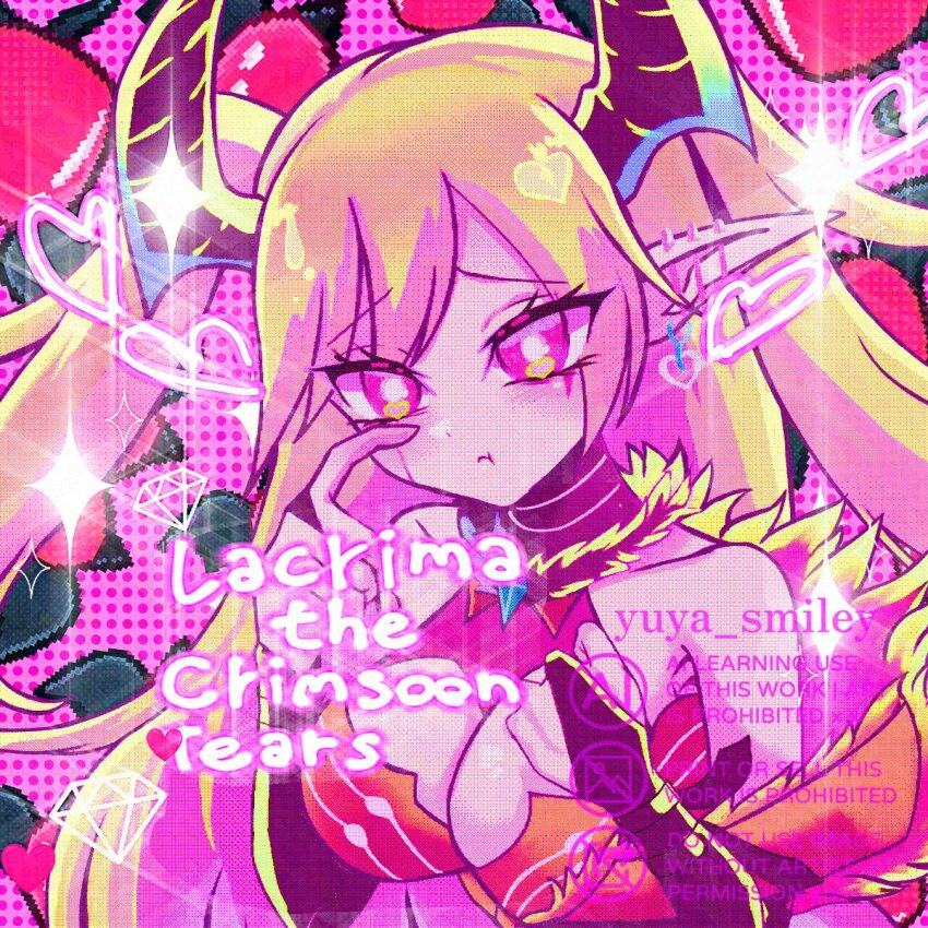 1girl, bare_shoulders, blonde_hair, breasts, cleavage, demon_girl, demon_horns, dress