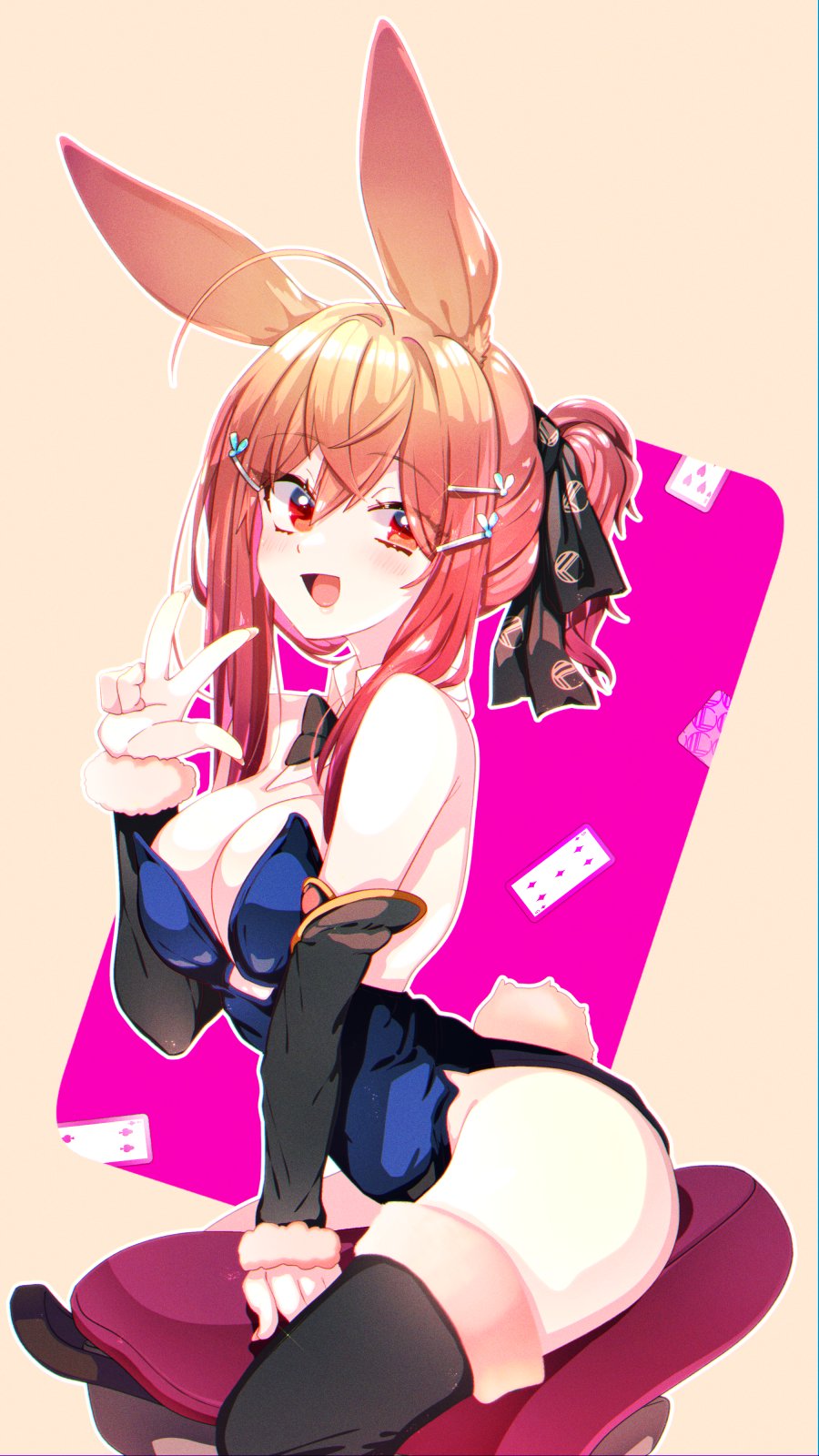 1girl, ahoge, alternate_costume, alternate_hairstyle, animal_ears, arm_support, backless_leotard, black_bow