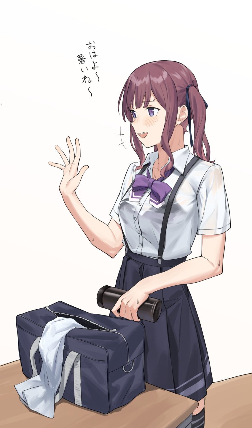 +++, 1girl, bag, black_bra, black_ribbon, black_thighhighs, blue_bag, bottle, bow, bowtie, bra, braid, cevio, collarbone, collared_shirt, commentary_request, desk, from_side, hair_ornament, hair_ribbon, highres, holding, holding_bottle, light_smile, looking_at_another, loose_bowtie, low_twin_braids, mole, mole_under_eye, natsuki_karin, open_bag, open_mouth, pink_bow, pink_bowtie, pleated_skirt, purple_bow, purple_bowtie, purple_eyes, ribbon, school_bag, school_desk, school_emblem, school_uniform, see-through_clothes, see-through_shirt, shirt, short_sleeves, simple_background, skirt, solo, standing, summer_uniform, suspender_skirt, suspenders, sweat, sweatdrop, synthesizer_v, tebasaki_gitsune, teeth, thighhighs, towel, translation_request, twin_braids, twintails, underwear, upper_teeth_only, water_bottle, waving, waving_hands, white_background, zettai_ryouiki
