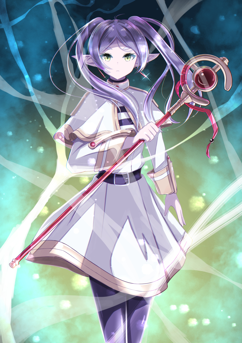 1girl, absurdres, capelet, cowboy_shot, dress, elf, frieren, green_eyes