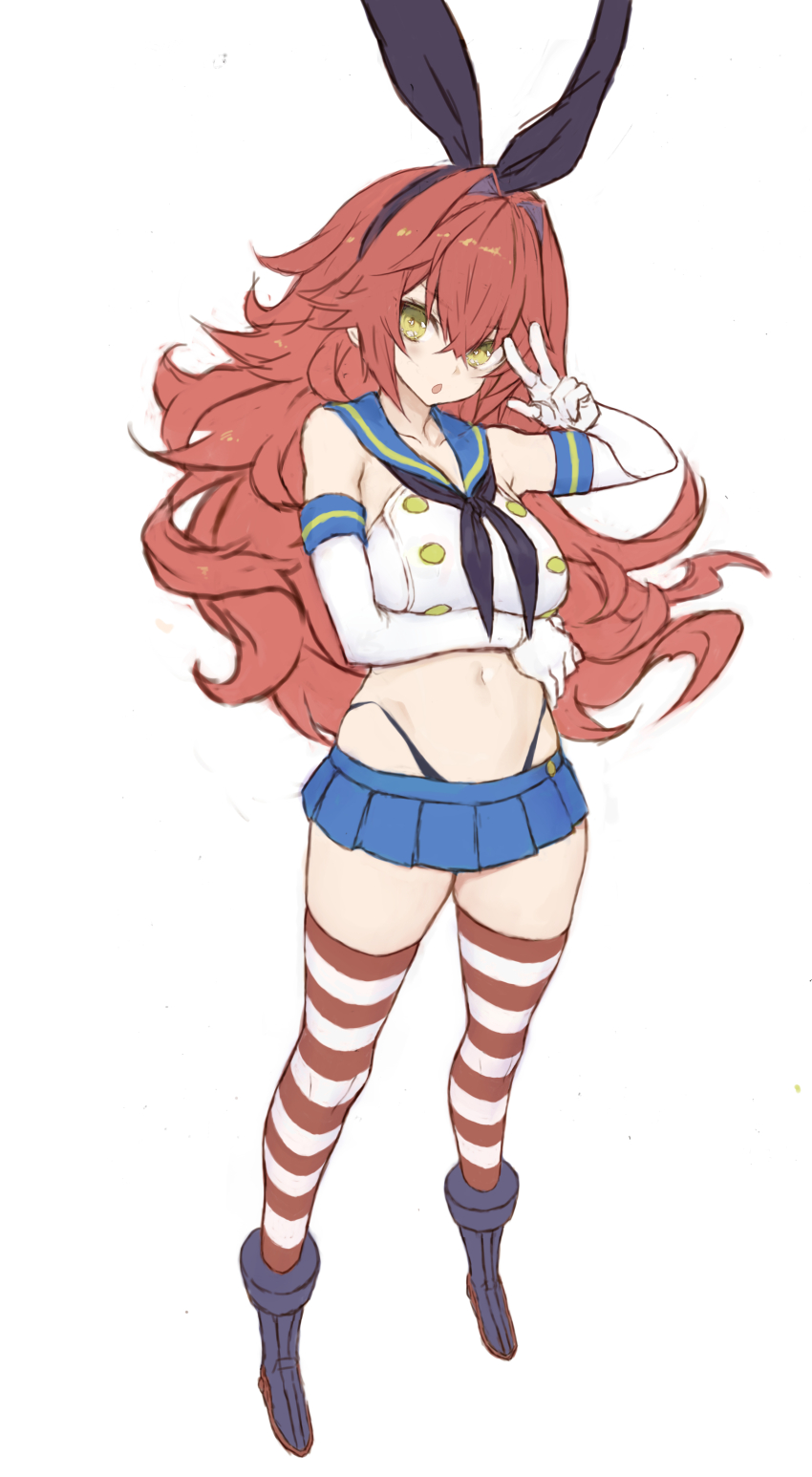 1girl, absurdres, arm_under_breasts, black_neckerchief, black_panties, blue_skirt, boots, breasts, cosplay, crop_top, elbow_gloves, fur_trim, gloves, hair_between_eyes, highleg, highleg_panties, highres, kantai_collection, long_hair, looking_at_viewer, microskirt, neckerchief, panties, parted_lips, phoenix_(kancolle), pleated_skirt, red_hair, revision, ryo_(tg290), sailor_collar, shimakaze_(kancolle), shimakaze_(kancolle)_(cosplay), simple_background, skirt, solo, standing, thighhighs, underwear, w, white_background, white_gloves, yellow_eyes