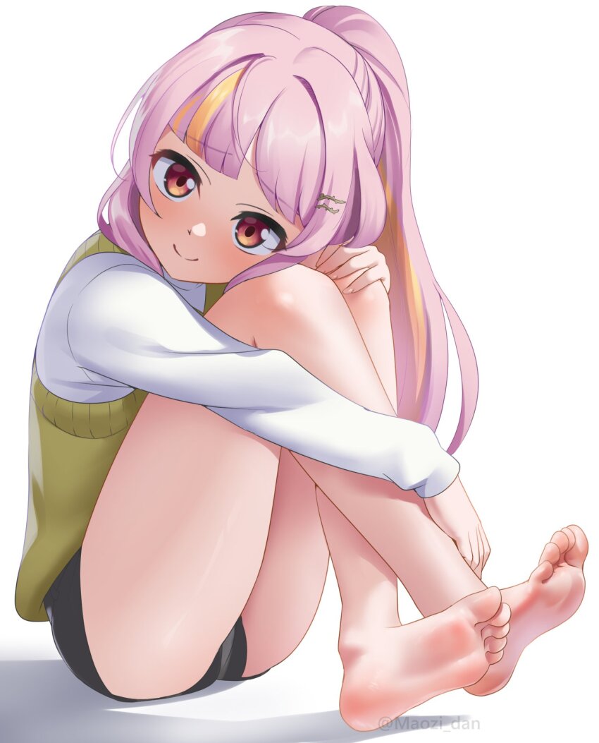 1girl, barefoot, black_shorts, blush, feet, full_body, green_sweater_vest, hair_ornament, hairclip, hand_on_own_knee, head_rest, head_tilt, high_ponytail, highres, hugging_own_legs, legs, long_hair, long_sleeves, looking_at_viewer, maozi_dan, multicolored_hair, nijisanji, nijisanji_en, pink_hair, ponytail, red_eyes, rosemi_lovelock, rosemi_lovelock_(fall_casual), shorts, sitting, sleeves_past_wrists, smile, soles, solo, streaked_hair, sweater_vest, thighs, toes, twitter_username, virtual_youtuber, white_background