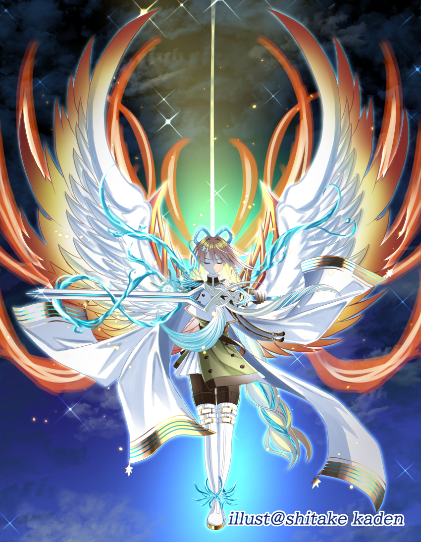 1girl, absurdres, angel_wings, aura, blonde_hair, boots, cape, closed_eyes