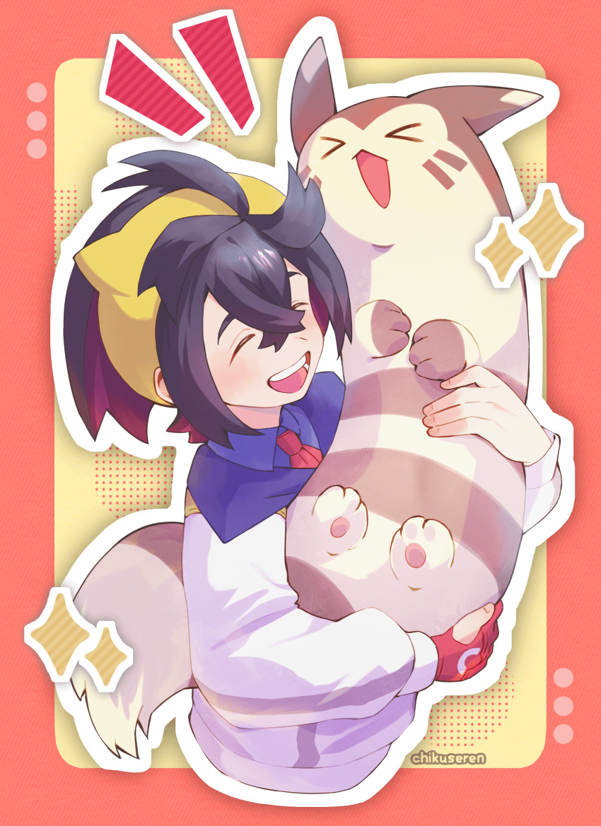 >_<, 1boy, absurdres, artist_name, black_hair, blue_shirt, blush, chikuseren, closed_eyes, collared_shirt, furret, gen_2_pokemon, gloves, hairband, highres, holding, holding_pokemon, jacket, kieran_(pokemon), long_sleeves, male_focus, multicolored_hair, nintendo, open_mouth, partially_fingerless_gloves, pokemon, pokemon_(creature), pokemon_scarlet_and_violet, red_gloves, red_hair, shirt, simple_background, sparkle, upper_body