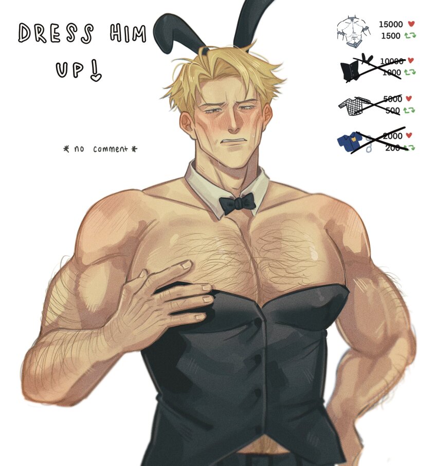 1boy, arm_hair, bara, blonde_hair, blush, chest_hair, english_text, highres