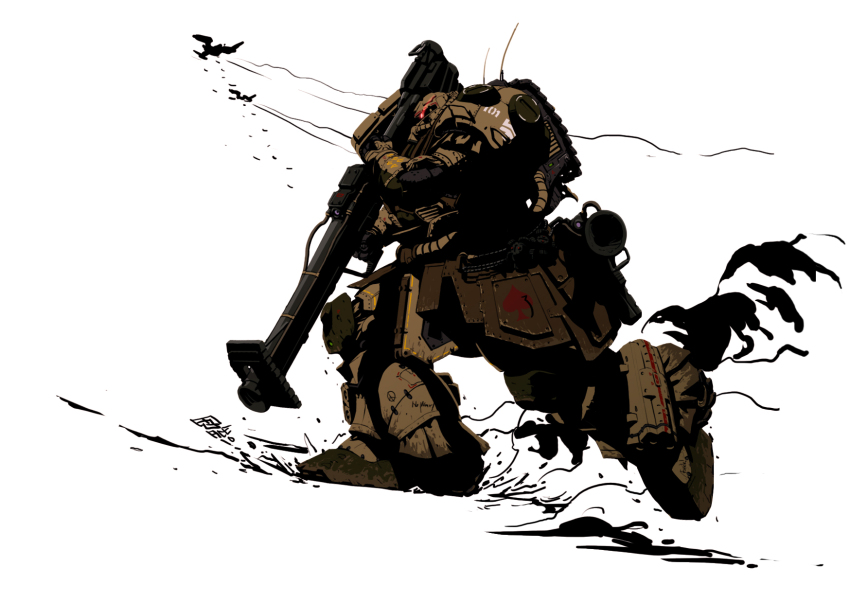 art_study, bazooka_(gundam), cable, damaged, desert_zaku, dopp, dust_cloud, gundam, highres, machinery, mecha, mecha_focus, mobile_suit, mobile_suit_gundam, no_humans, one-eyed, original, radio_antenna, red_ace, redesign, robot, roundel, science_fiction, signature, traditional_media, zaku_ii, zaku_ii_f/j, zeon