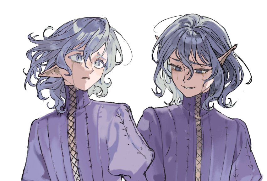 1boy, colored_eyelashes, commentary_request, crying, dungeon_meshi, elf, grey_eyes, grey_hair