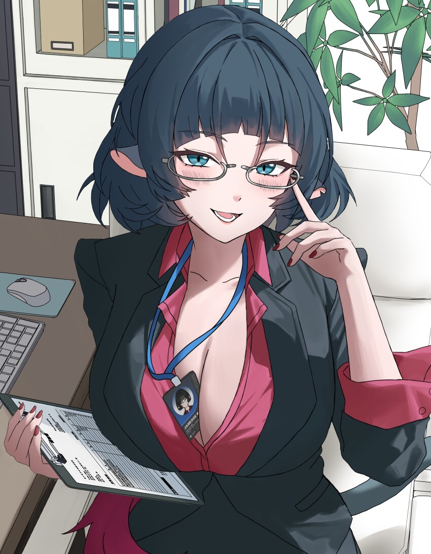 1girl, absurdres, adjusting_eyewear, animal_ears, arched_bangs, black_hair, black_jacket, black_skirt