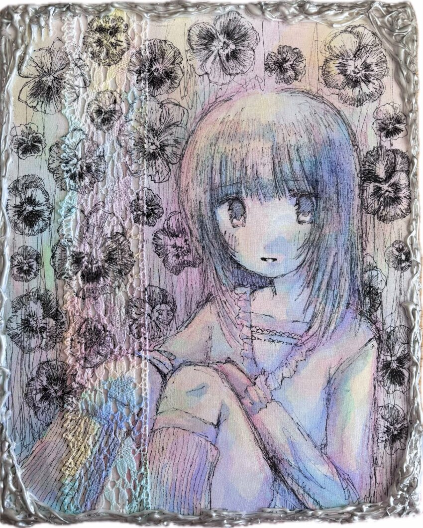 175_(milky_chiffon), 1girl, acrylic_paint_(medium), blunt_bangs, blush, check_medium, flower, hibiscus