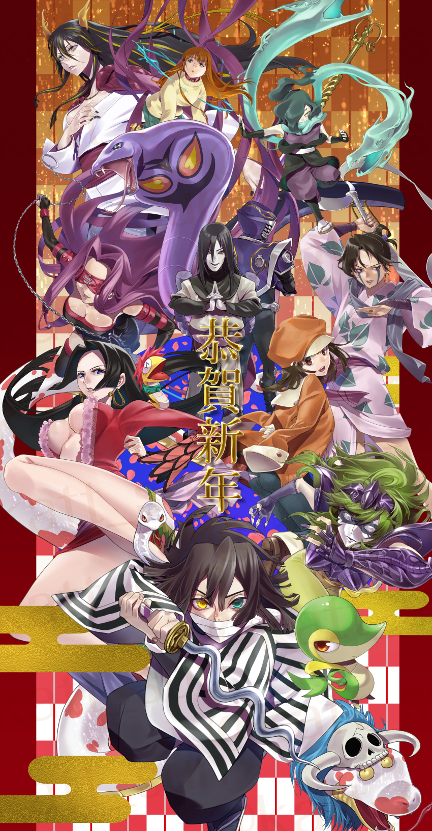 5boys, 6+girls, absurdres, albis_(tensura), animal, arbok, black_hair, blindfold, boa_hancock, breasts, character_request, chinese_zodiac, cleavage, copyright_request, crossover, fate/stay_night, fate_(series), gen_1_pokemon, gen_5_pokemon, heterochromia, highres, holding, holding_sword, holding_weapon, iguro_obanai, jakotsu_(inuyasha), katt_sun, kuji-in, large_breasts, long_hair, medusa_(fate), medusa_(rider)_(fate), monogatari_(series), multiple_boys, multiple_crossover, multiple_girls, naruto_(series), ninja, nintendo, no_bra, one_piece, ophiuchus_shaina, orochi_(onmyoji), orochi_(youkai_watch), orochimaru_(naruto), pokemon, purple_hair, sengoku_nadeko, snake, snivy, sword, tagme, trait_connection, weapon, year_of_the_snake