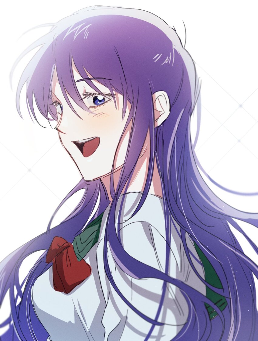 1girl, :d, backlighting, blue_eyes, bow, bowtie, commentary_request, green_sailor_collar